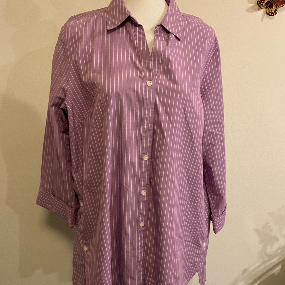 J. Jill Lavender Pinstripe Oversized Button Down Shirt with 3/4 sleeves size L